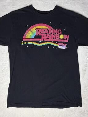 Reading Rainbow Mens T-Shirt Size Large Black Retro 80s Pixel Art Logo Graphic